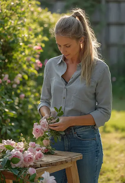 667063 - Frau bindet einen Rosenkranz