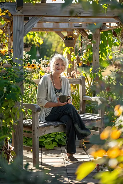 667056 - Frau genießt Kaffee auf einer Bank unter einer Pergola