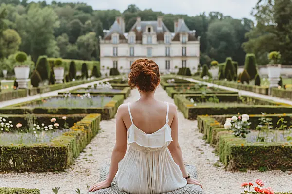 667005 - Frau in weißem Kleid in einem Schlossgarten mit Rosen und Lavendel