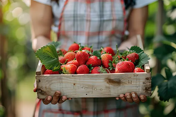667001 - Gärtnerin hält flache Holzkiste mit reifen Erdbeeren
