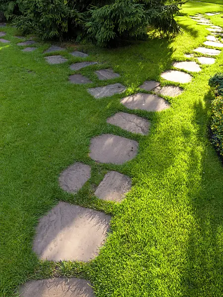 427086 - Garden path made of irregular stone slabs embedded in the lawn