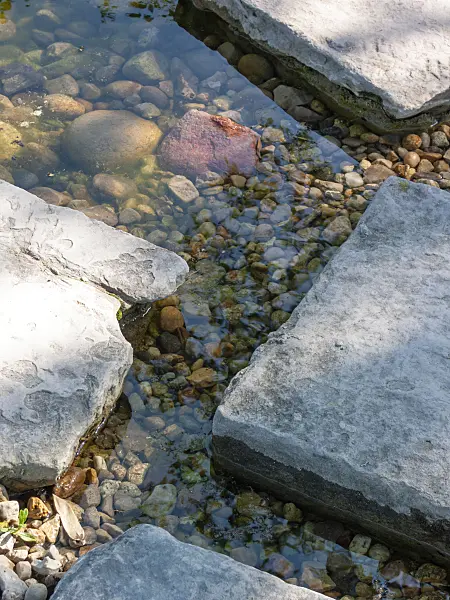 416044 - Garden path made of stone slabs and reflections in wet gravel bed
