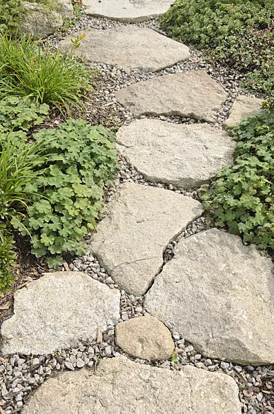 536133 - Garden path with raw stone slabs embedded in gravel