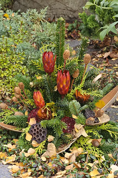 466040 - Grave decoration with fir branches and dried flowers