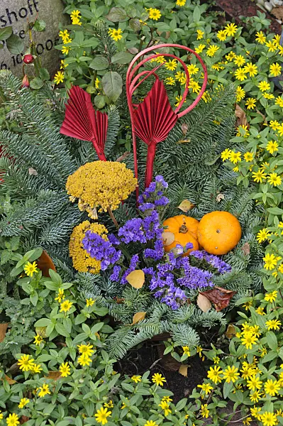 466043 - Grave decoration with fir branches and dyed plant parts