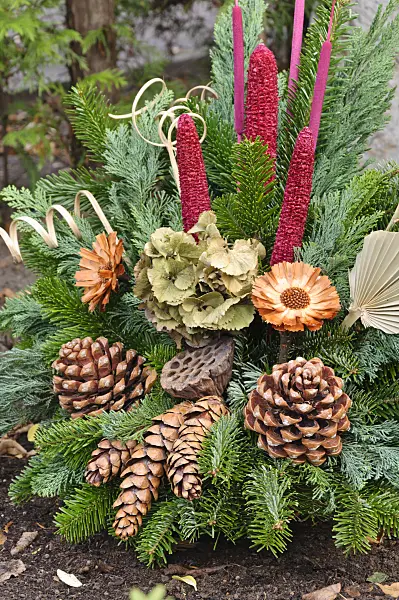 466062 - Grave decoration with fir branches, cones and dyed plant parts