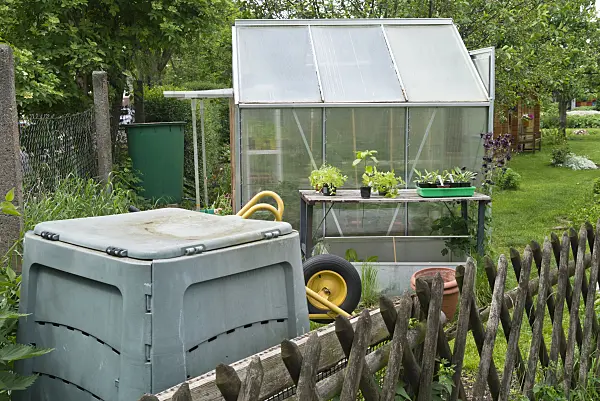 532028 - Greenhouse with work table and plastic compost bin