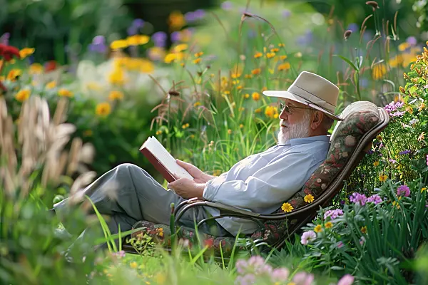 667060 - Homme assis dans une chaise de jardin et lisant un livre