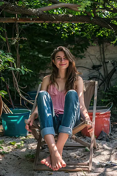 667013 - Jeune femme en tenue d'été, souriante et détendue sur une chaise de jardin