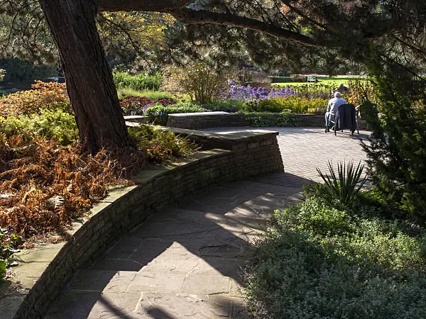 465176 - Long shades on the terrace with a view of the flowering park, Stadtpark, Hanover, Germany