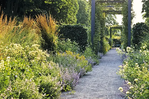 380094 - Lush flowering perennial garden with several pergolas