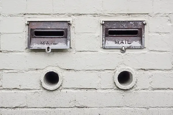 455207 - Mailboxes and newspaper tubes on a white brick wall, East Melbourne, Melbourne, Australia