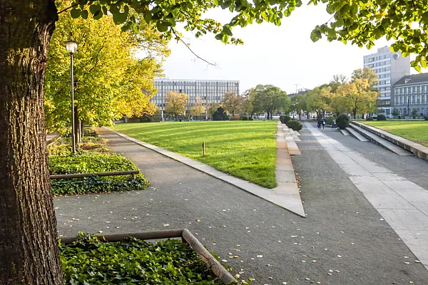 465137 - Modern architecture with large lawns and rows of trees, Platz der Einheit, Potsdam, Germany