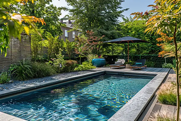 667035 - Moderner Gartenpool mit Sonnenliegen und Sonnenschirm