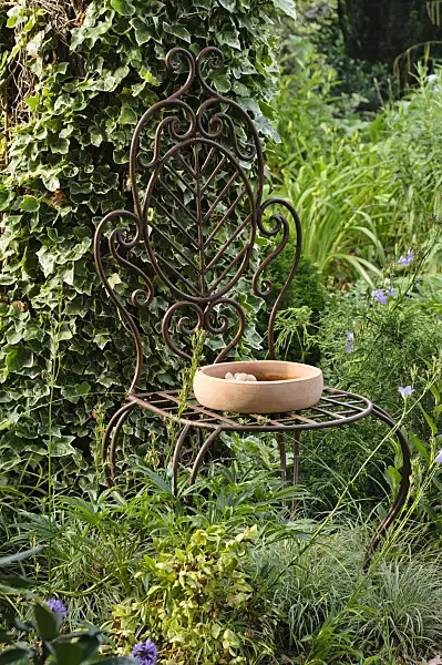 486035 - Old, curved chair with cast iron rocailles with a round earthenware birdbath in a garden