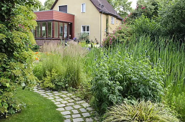 474047 - Perennial border at a garden pond