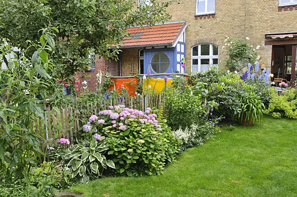 473276 - Perennial border in a backyard garden