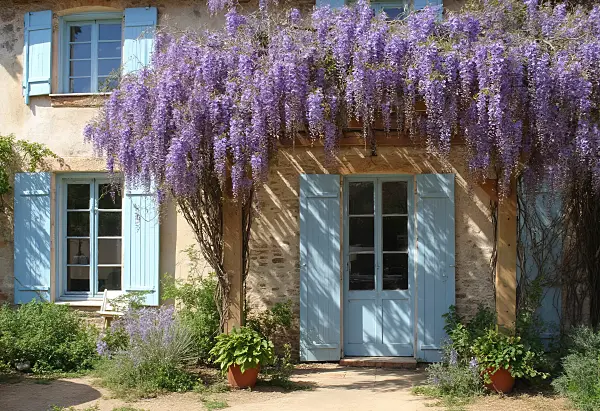 667066 - Pergola d'arbustes bleus devant une maison française aux volets bleus