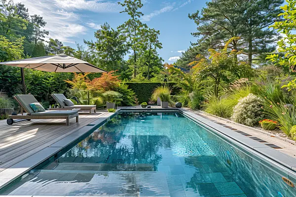 667036 - Piscine de jardin moderne avec chaises longues et parasol