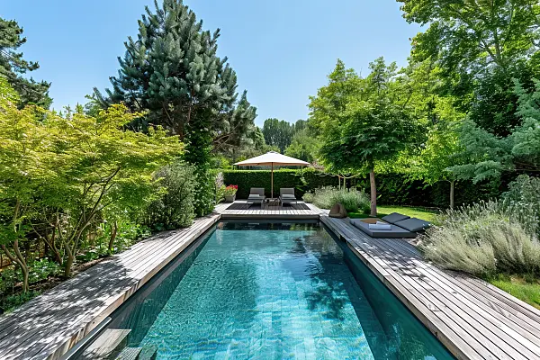 667037 - Piscine de jardin moderne avec chaises longues et parasol