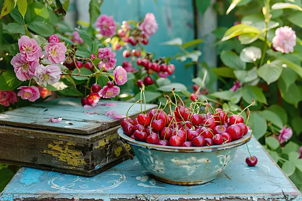 667029 - Ripe cherries in an enamel bowl on a garden table