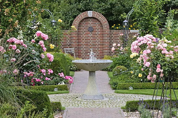 474053 - Rose garden with granite fountain and half standard roses