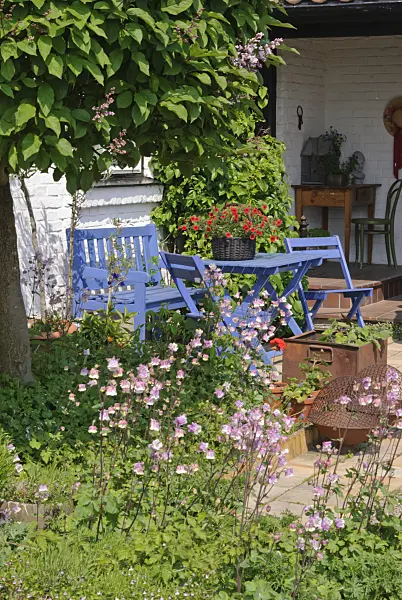 509158 - Salon de jardin avec des meubles bleus devant une maison blanche
