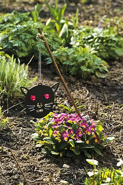 388180 - Scarecrow in the shape of a black wooden cat's head hanging on a stick in a garden bed