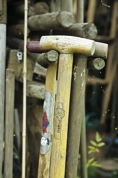 429257 - Three spades in a self-made wooden bracket