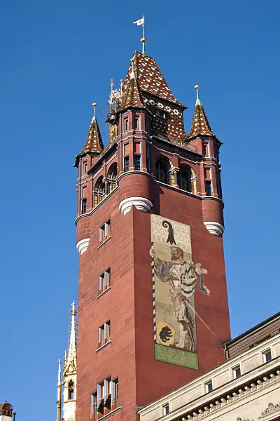 453196 - Tower of the Town Hall with portrait of Hans Bär, Basel, Switzerland