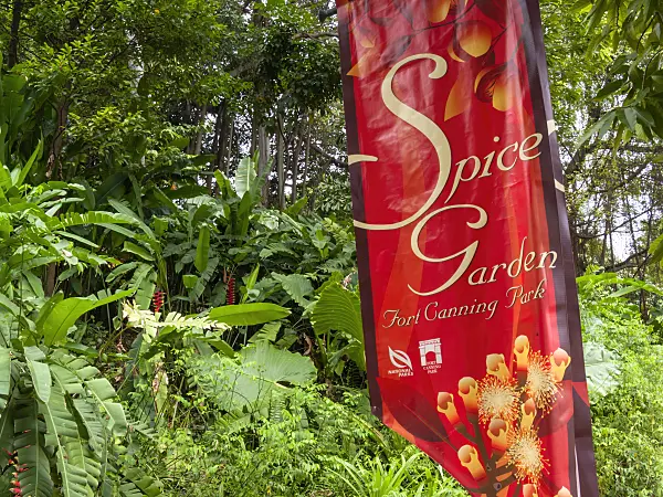 411153 - Tropical vegetation with red banner of the spice garden, Fort Canning Park, Singapore