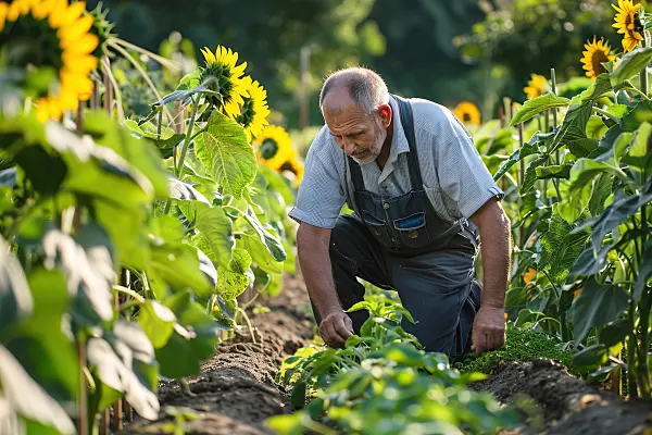 667058 - Un homme cultive son potager parmi les tournesols