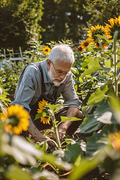 667059 - Un homme cultive son potager parmi les tournesols