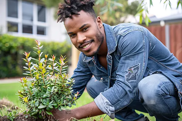 667014 - Un jeune homme plante un arbuste