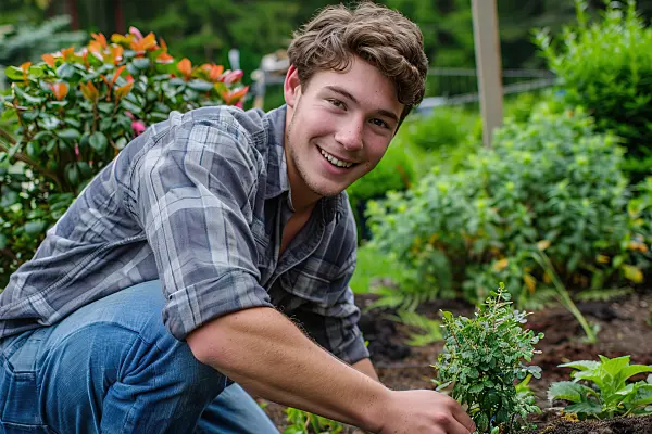 667015 - Un jeune homme plante un arbuste