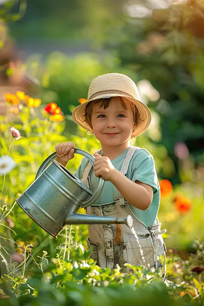 667017 - Un jeune jardinier arrose des plantes avec un arrosoir