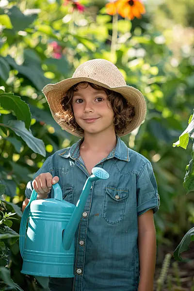 667018 - Un jeune jardinier arrose des plantes avec un arrosoir