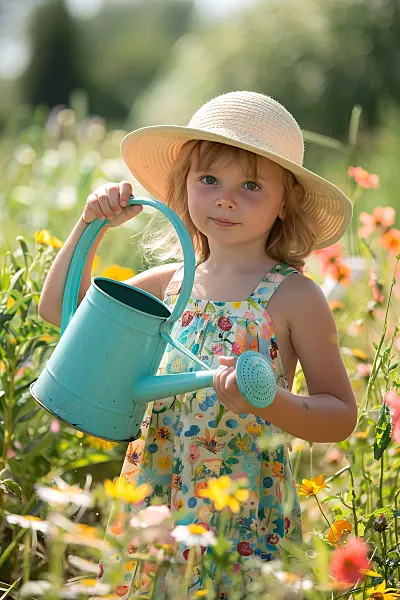 667032 - Un jeune jardinier arrose des plantes avec un arrosoir