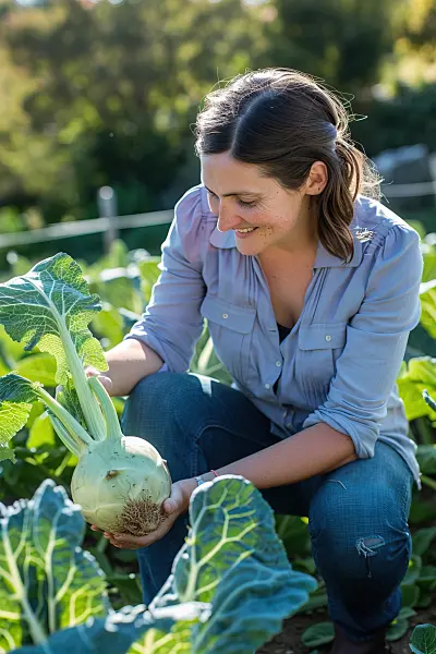 667026 - Une femme récolte des choux-raves dans son potager
