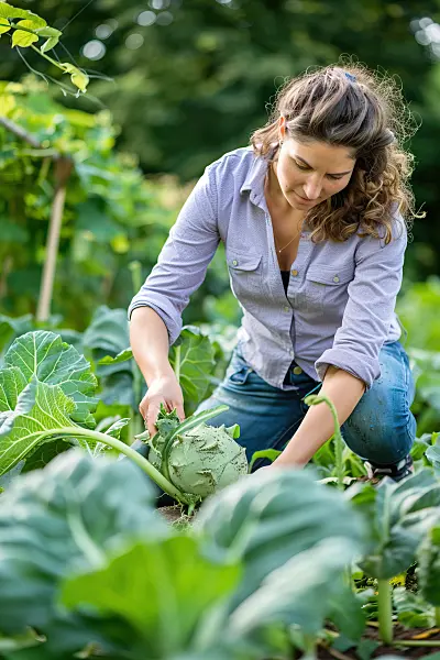 667027 - Une femme récolte des choux-raves dans son potager