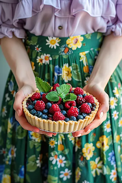 667042 - Une femme tient dans ses mains un gâteau aux framboises, aux myrtilles et aux feuilles de menthe.