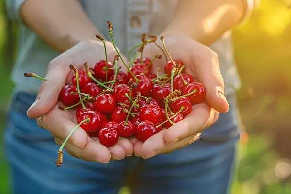 667038 - Une femme tient des cerises rouges fraîches dans ses mains
