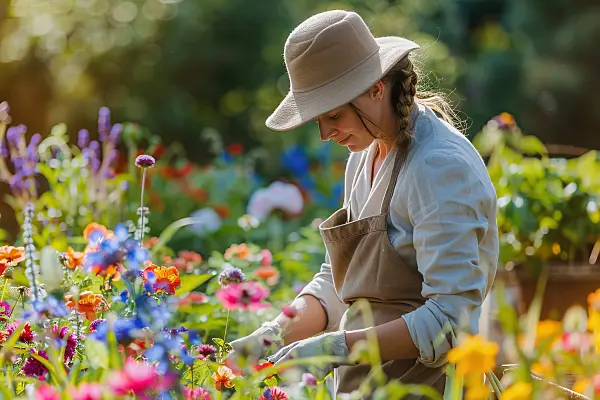 667002 - Une jardinière cueille des fleurs