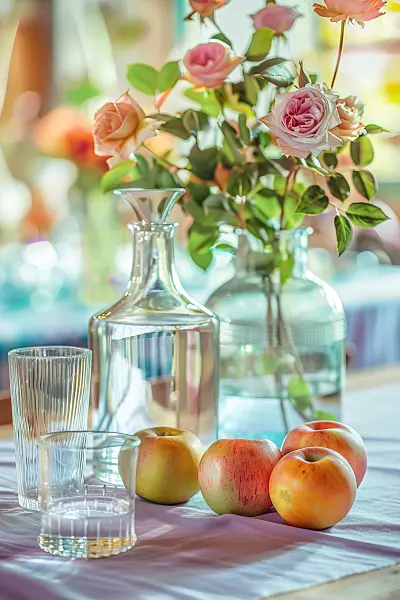 667040 - Vase avec des roses, à côté de pommes sur une nappe