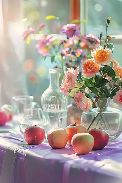 667041 - Vase avec des roses, à côté de pommes sur une nappe