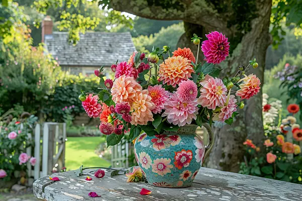 667003 - Vase with dahlias on a rustic table in an English cottage garden
