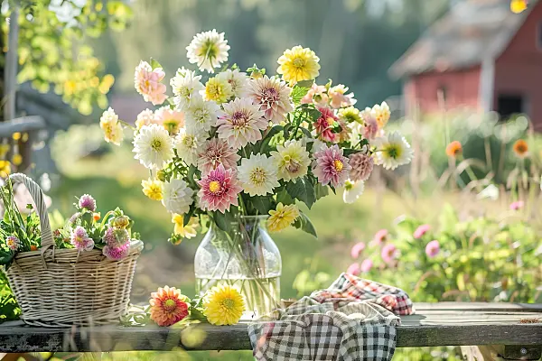 667004 - Vase with dahlias on a rustic table in an English cottage garden