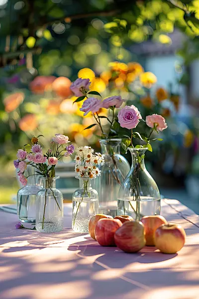667039 - Vase with roses, next to it apples on a tablecloth