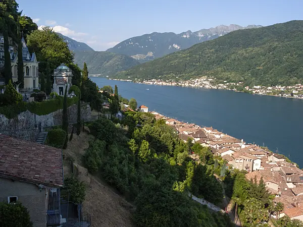 414114 - View of Lake Lugano with the village of Morcote, Switzerland