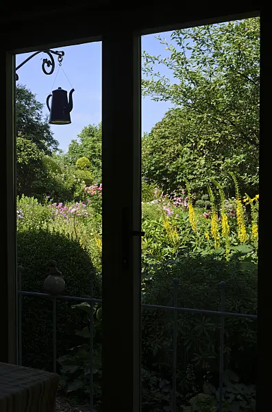 570083 - View out of a window into a perennial garden